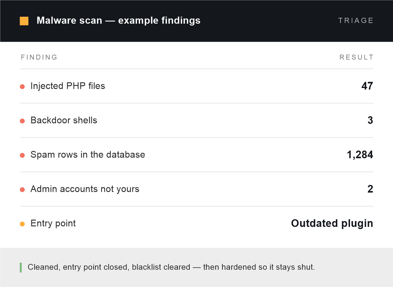 WordPress malware scan findings showing 47 injected PHP files, 3 backdoor shells, 1,284 spam rows in the database, 2 admin accounts not belonging to the owner, and an outdated plugin as the entry point