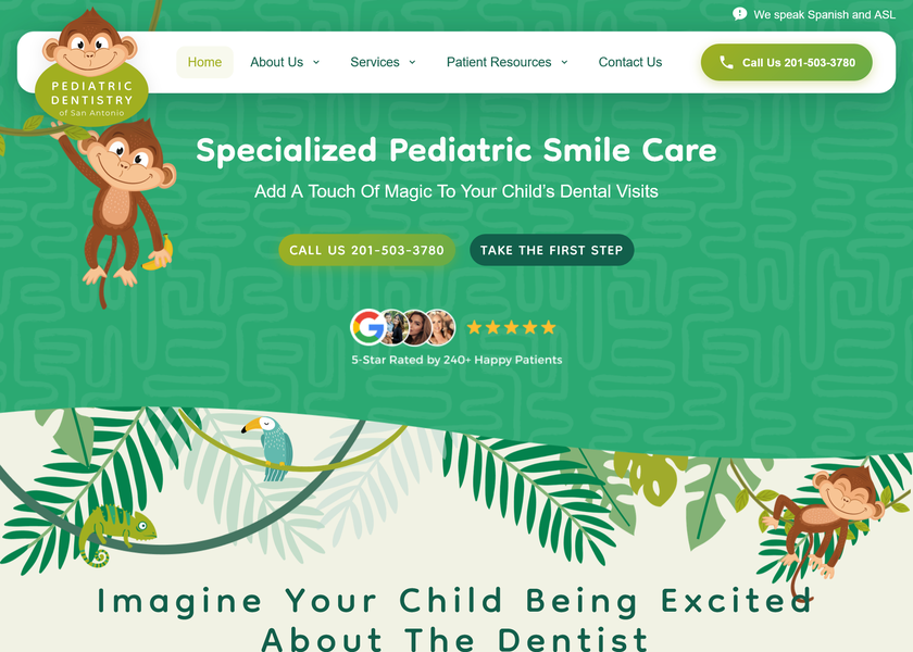 The Pediatric Dentistry of San Antonio home page, showing the practice's hero section and appointment booking route